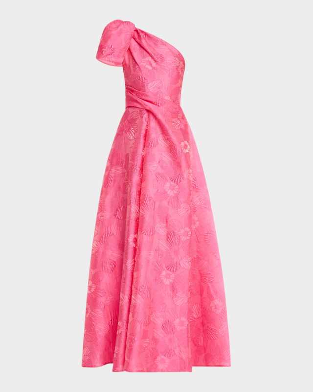 Anemone Jacquard Crystal-Strappy One-Shoulder Gown